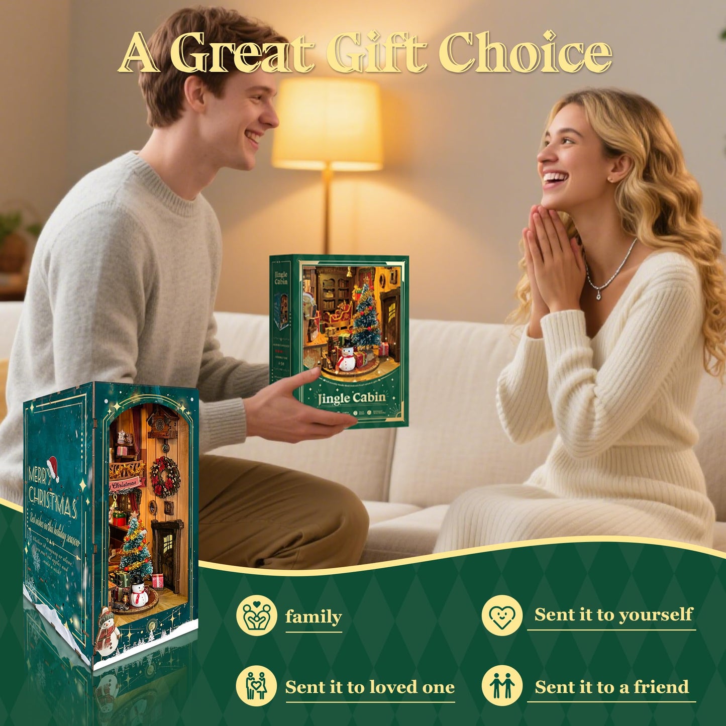 Strucwood Christmas Book Nook Kit with LED Light - 3D Wooden Puzzles Booknook for Book Shelf Decor - DIY Dollhouse Kit - Book Nooks Decor with Dust Cover Jingle Cabin(SQ-34)