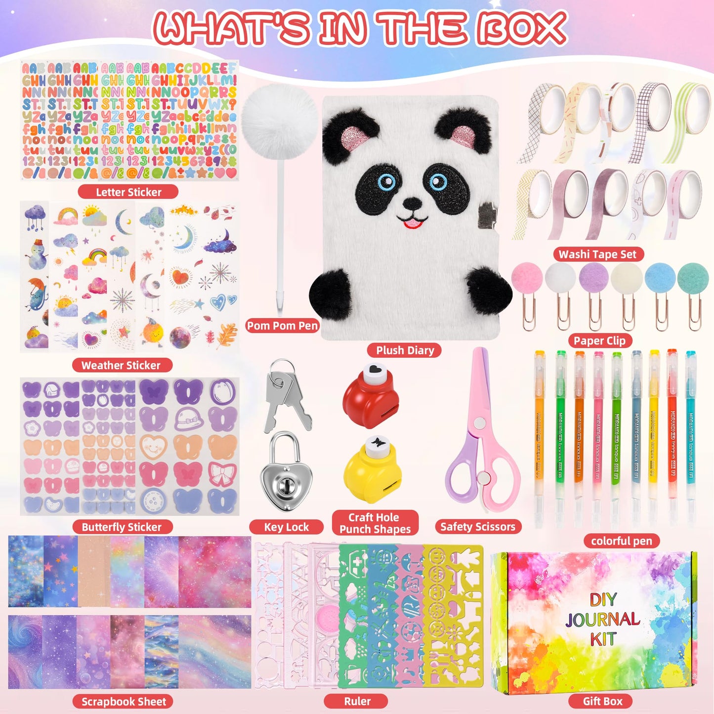 LiYiQ Plush Panda Diary Gift Travel Journal Secret Diary with Scrapbook Paper Stickers Journal Stencils Pompom Pen and Washi Tape Practical Set Gift for Birthday Christmas