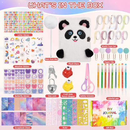 LiYiQ Plush Panda Diary Gift Travel Journal Secret Diary with Scrapbook Paper Stickers Journal Stencils Pompom Pen and Washi Tape Practical Set Gift for Birthday Christmas