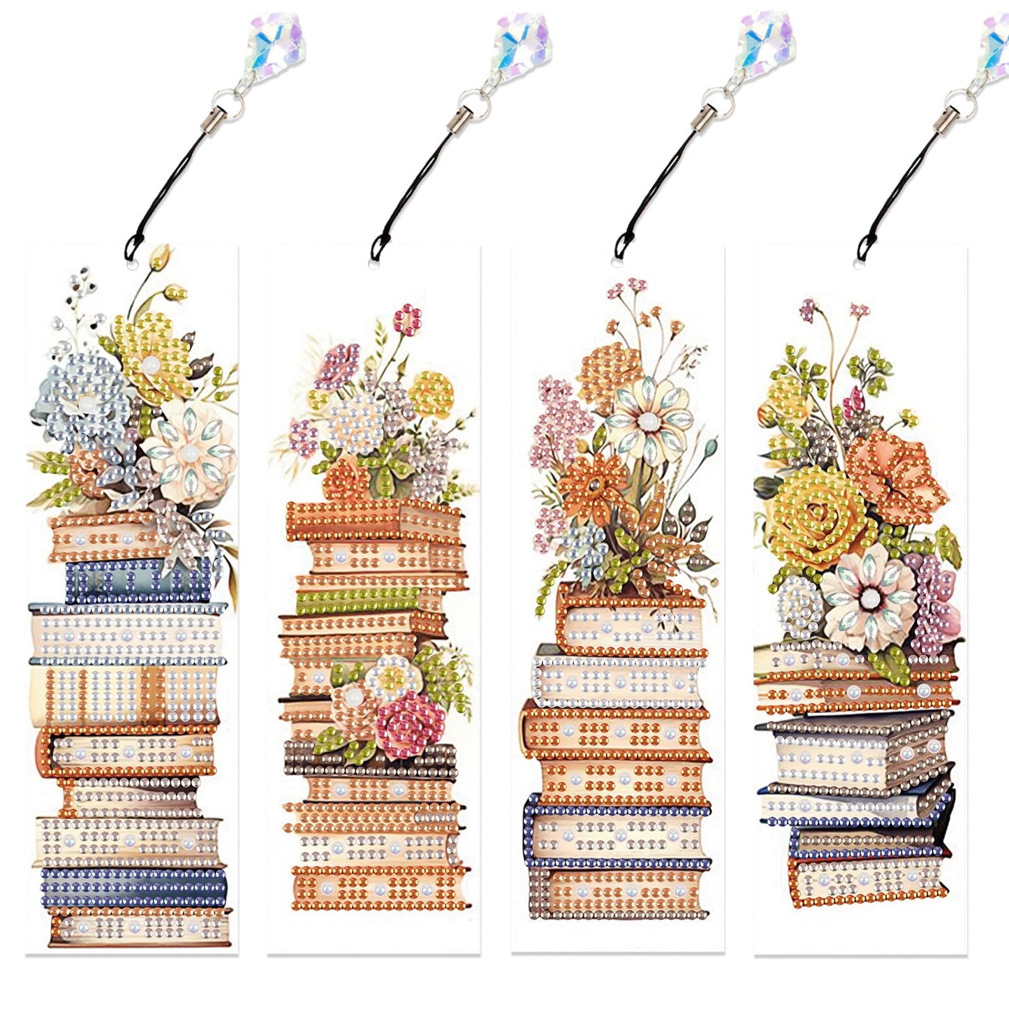 Focart 4 Pack Book and Flower Diamond Painting Bookmark Kits, Special Shaped Diamond Art Bookmarks with Pendant, DIY Handmade Crafts Home Office Supplies Reading Bookmark for Book Lovers