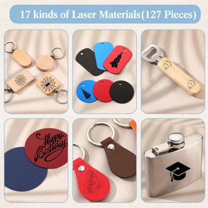 Dunzoom 127 Pcs Laser Material Kit Laser Cutting Engraving Materials Accessories Including Wood, Metal, PU Leather, Fabric, Glass, Rock, Rubber for Cutters Engraving Supplies