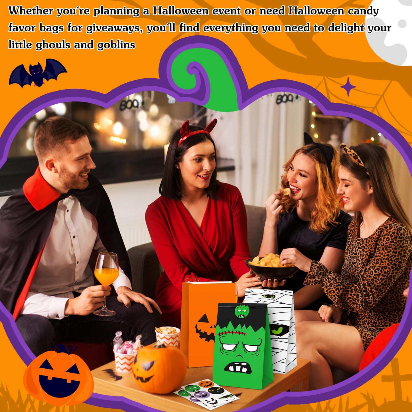 TaoBary Halloween Treat Bags Cute Trick or Goody Bags Halloween Paper Favor Bag with 6 Assorted Designs Stickers for Trick or Goody Birthday Party Event Supplies(30 Pcs)
