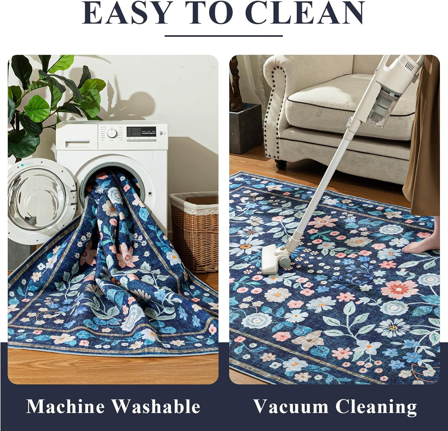 5x7 Blue,5'x7' YIHOUSE Blue Area Rug, Washable Bedroom Rug Floral Non Slip Soft, Colorful Flower Throw Carpet