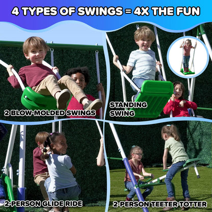 Sportspower Park Ridge Metal Swing Set for Ages 3-8, 2 Swings, Standing Swing, Roman Glider, Teeter Totter, 5ft Slide, 6.1ft Durable Steel Frame, Anchor Kit, 800lbs