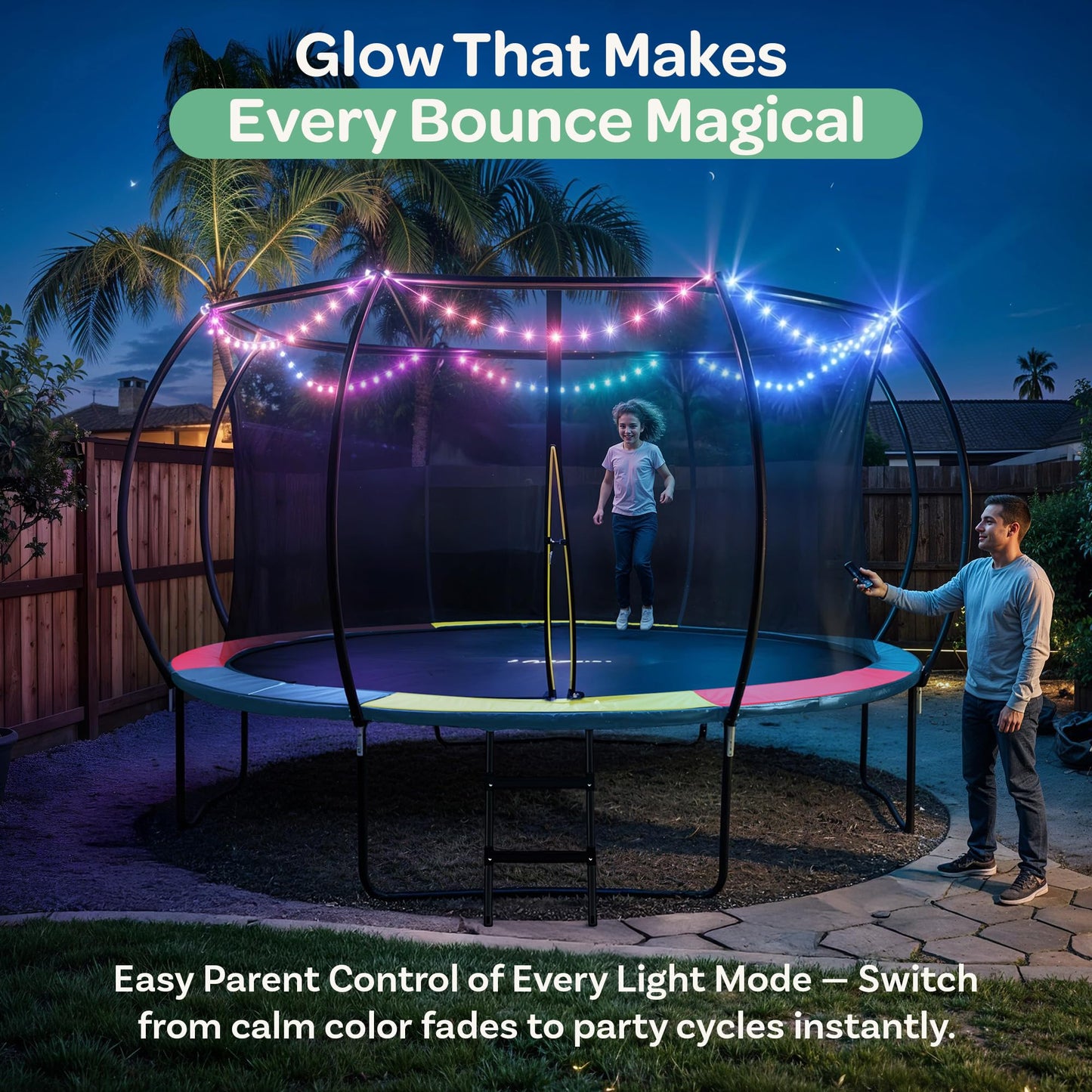 JoyBerri Trampoline Outdoor - Upsurge ASTM Certified Safe 8Ft 10Ft 12Ft 14Ft 15Ft 16Ft Recreational Trampoline for Kids and Adults. Anti-Rust Coating with Enclosure Net, Ladder, Sprinkler & LED Lights