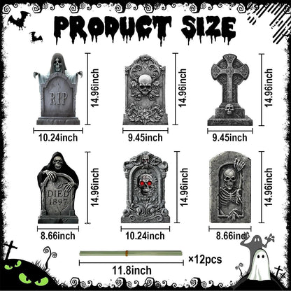 Heyigrow Halloween Death Tombstone Yard Signs, 6 Pcs Spooky Skeleton Skull Outdoor Decoration for Lawn Cemetery Graveyard