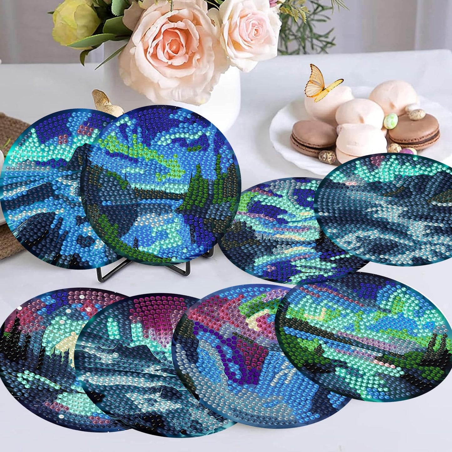 Northern Lights 8 Pcs Diamond Art Coasters Kits for Adults with Holder Cork Pads, DIY Non-Slip Diamond Painting Coasters for Home Office Decor 4x4in (Aurora)