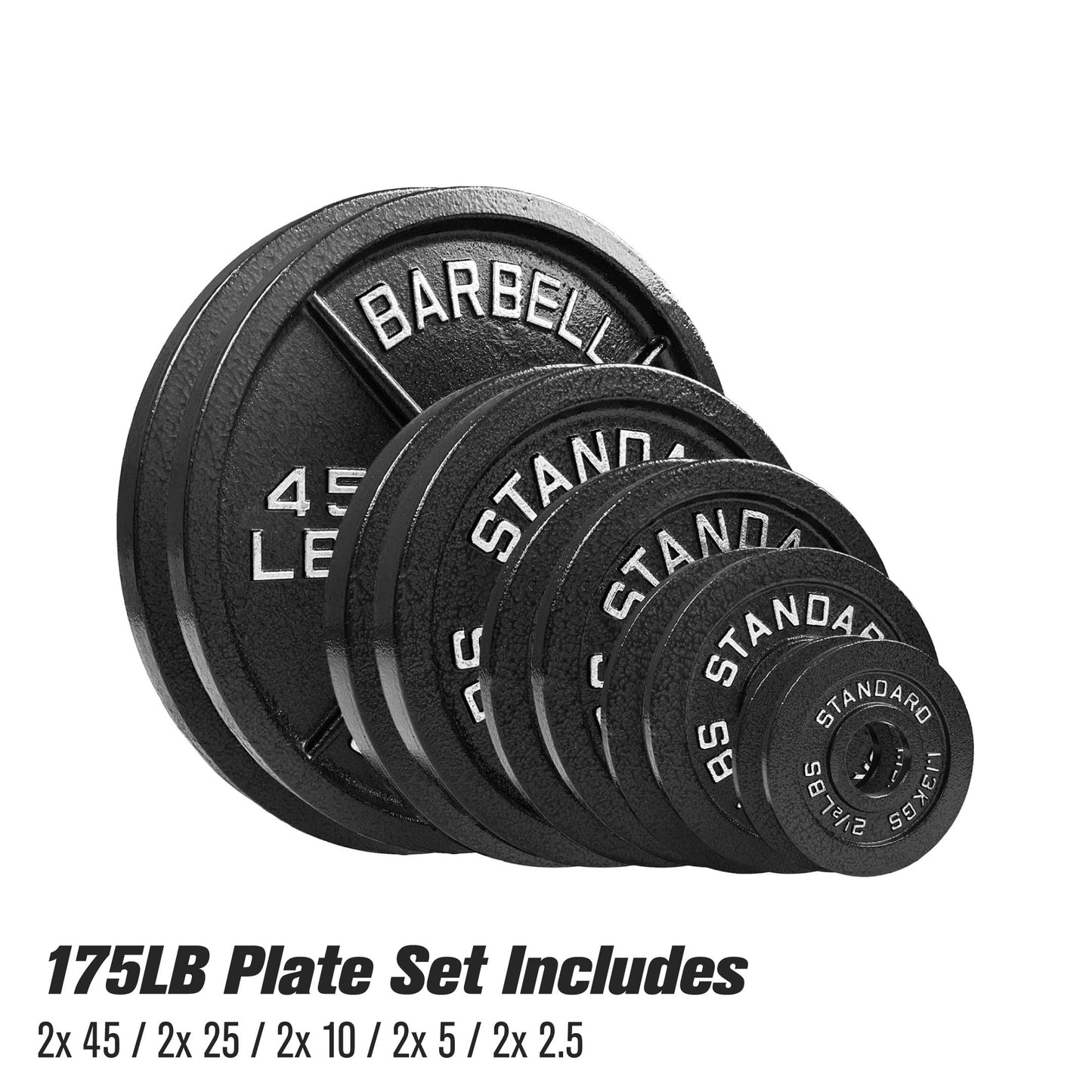 Steel Olympic Plates 175LB Set - 2 inch Olympic Hammertone Coated 2x 2.5lb, 5lb, 10lb, 25lb, & 45lb for Weight Lifting Training