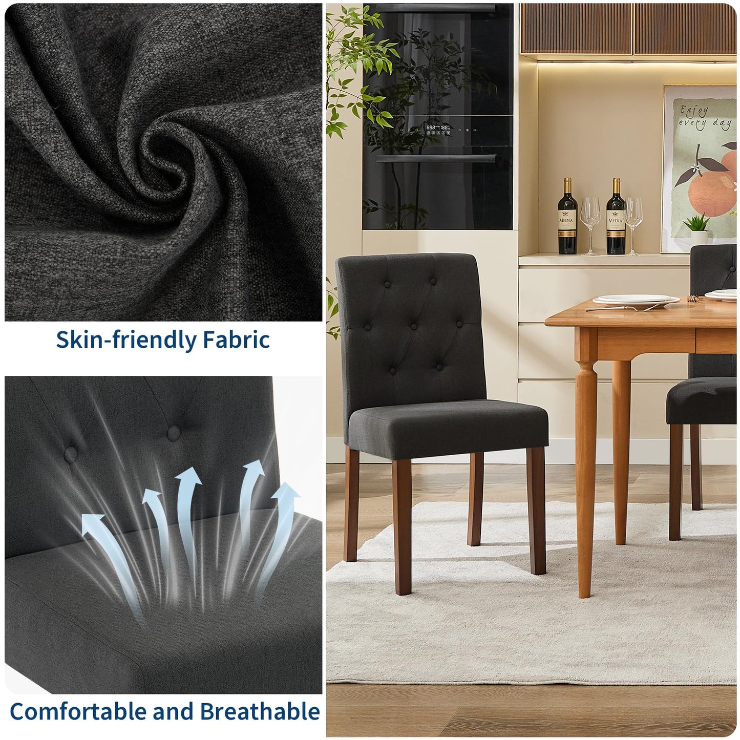 IDEALHOUSE Dining Chairs Set of 6, Linen Fabric Upholstered Parsons Chairs with Rubberwood Legs, Comfortable Padded Seat Kitchen, Dining Room Side Chairs, Living Room Black