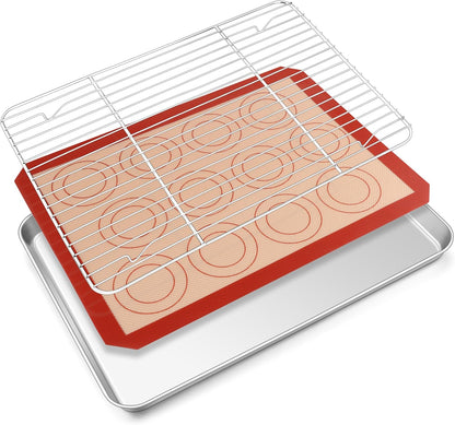 TeamFar Stainless Steel Baking Sheet Set - 16” x 12” Baking Pan with Cooling Rack & Silicone Mat | Oven & Dishwasher Safe