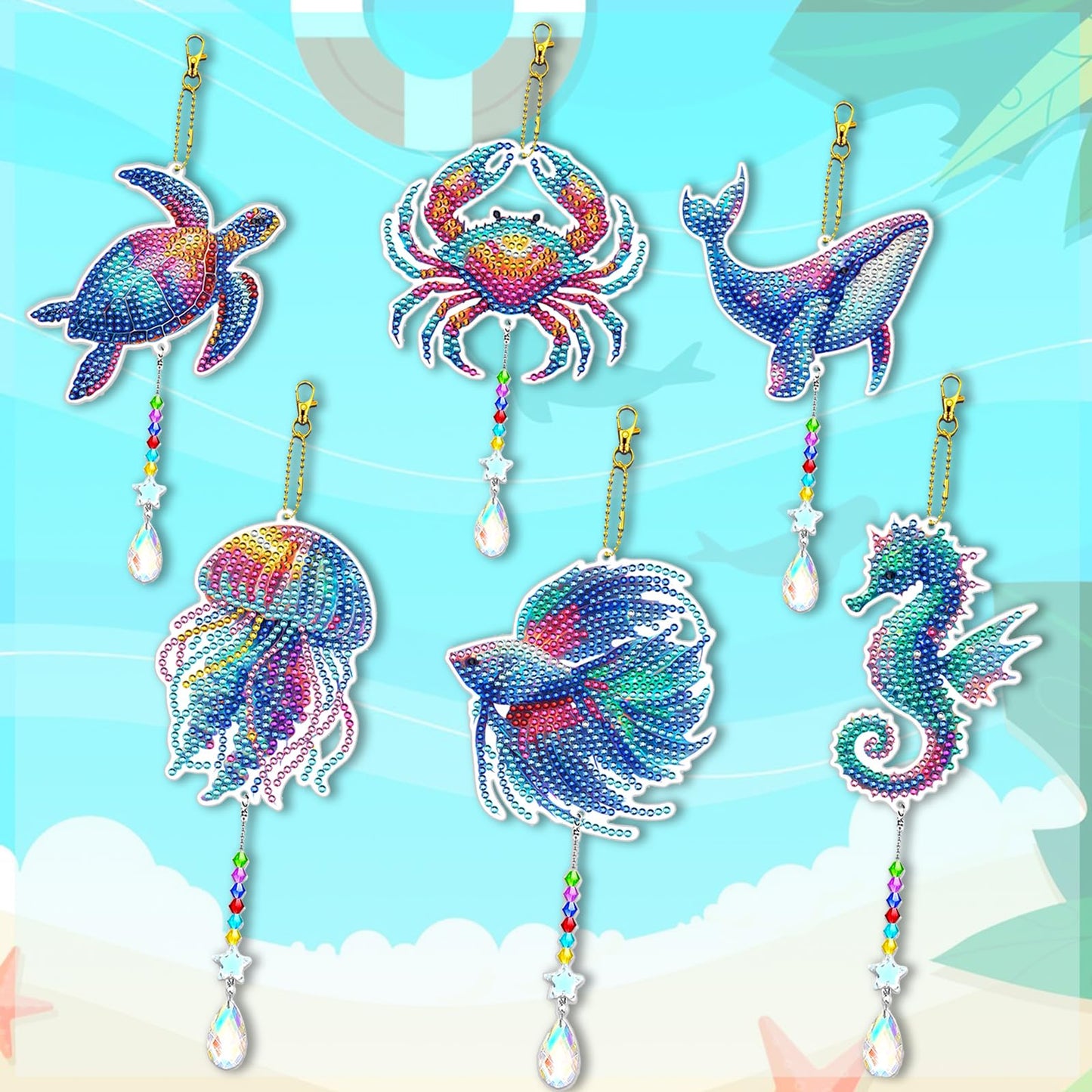 JeCuiK 6 Pcs Ocean Diamond Art Kits for Adults Diamond Painting Wind Chimes Sea Animal Diamonds Painting Suncatcher Double Sided Small Diamond Painting Kits Best Gifts for Mom