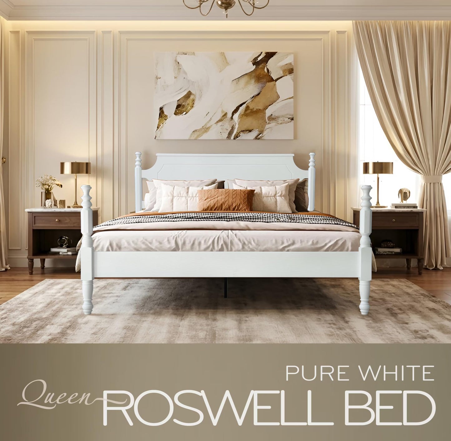 Solid Wood Queen Size Platform Frame, Headboard & Footboard, No Box Spring Needed, 12 Wooden Slats, Center Metal Legs, Slip-Free, Simple Assembly, Under Bed Storage, Pure White Finish, ROQ-39