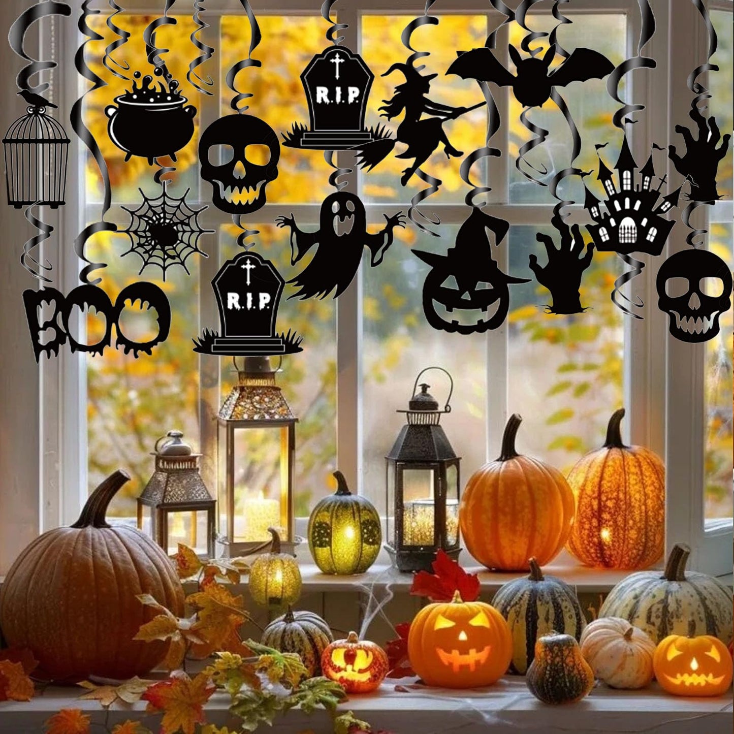 Halloween Hanging Swirls Decorations, LMSHOWOWO 30PCS Foil Hanging Ceiling Swirls Streamers with Black Spooky Ghost Witches Bat for Halloween Home Classroom Office Tree Door Porch Ceiling Decor