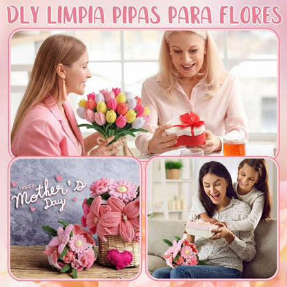 Teyva Daily 1200 Pcs Pink Pipe Cleaners Craft Flower Pipe Cleaner Bulk Flower Kit 6 Color Chenille Stems Floral Making Kit with Floral Wires Gardening Tape Stamen Ribbon for Art and Craft Supplies