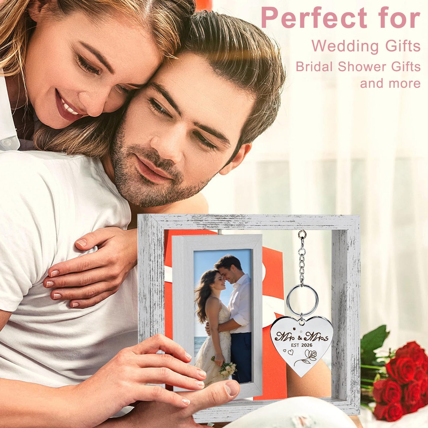 Fooyekep Wedding Gifts for Couples 2026, Wedding Picture Frame - Rotating Floating Mr and Mrs Frame, Bridal Shower Gifts for Bride, Engagement Gift for Couples Newlyweds, Holds 4x6 Pictures