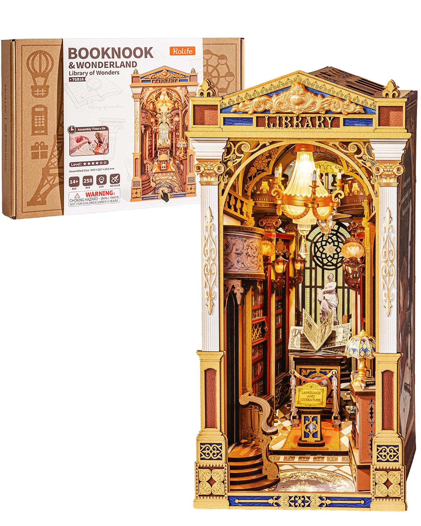 Rolife Book Nook Kits 3D Wooden Puzzle for Adults - Library of Wonders 258-Piece DIY Booknook Building Kit Baroque Architecture Model Bookshelf Decor Craft Gift for Adult Book Lovers