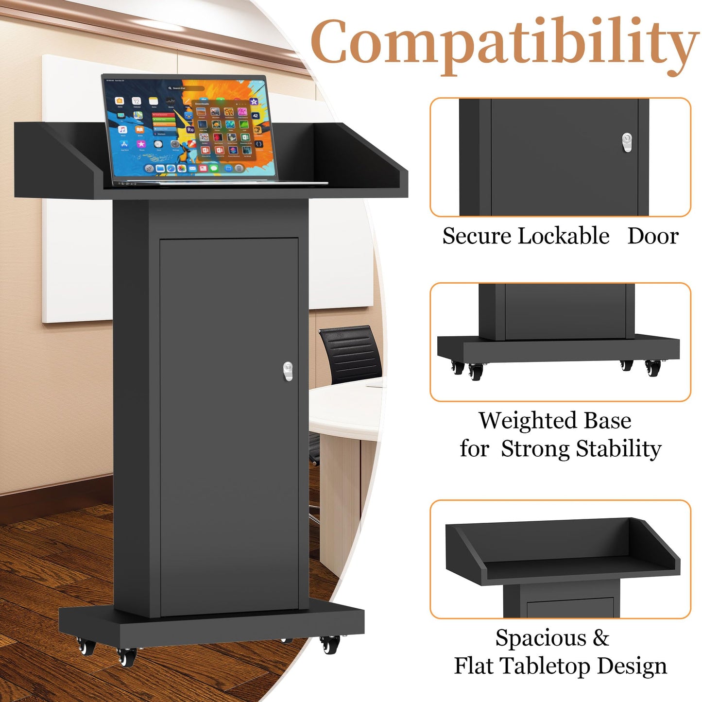 Heavy-Duty Black Metal Podium Stand with Lockable Wheels | Mobile Lectern with Storage Cabinet & Standard 44.56" Height | for Conference Rooms, Churches, Classrooms & Events (Style 3)