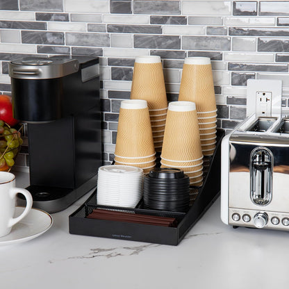 Mind Reader Black Cup and Condiment Station, Countertop Organizer for Coffee Bar, Metal Mesh 8.5"L x 14.5"W x 5.25"H