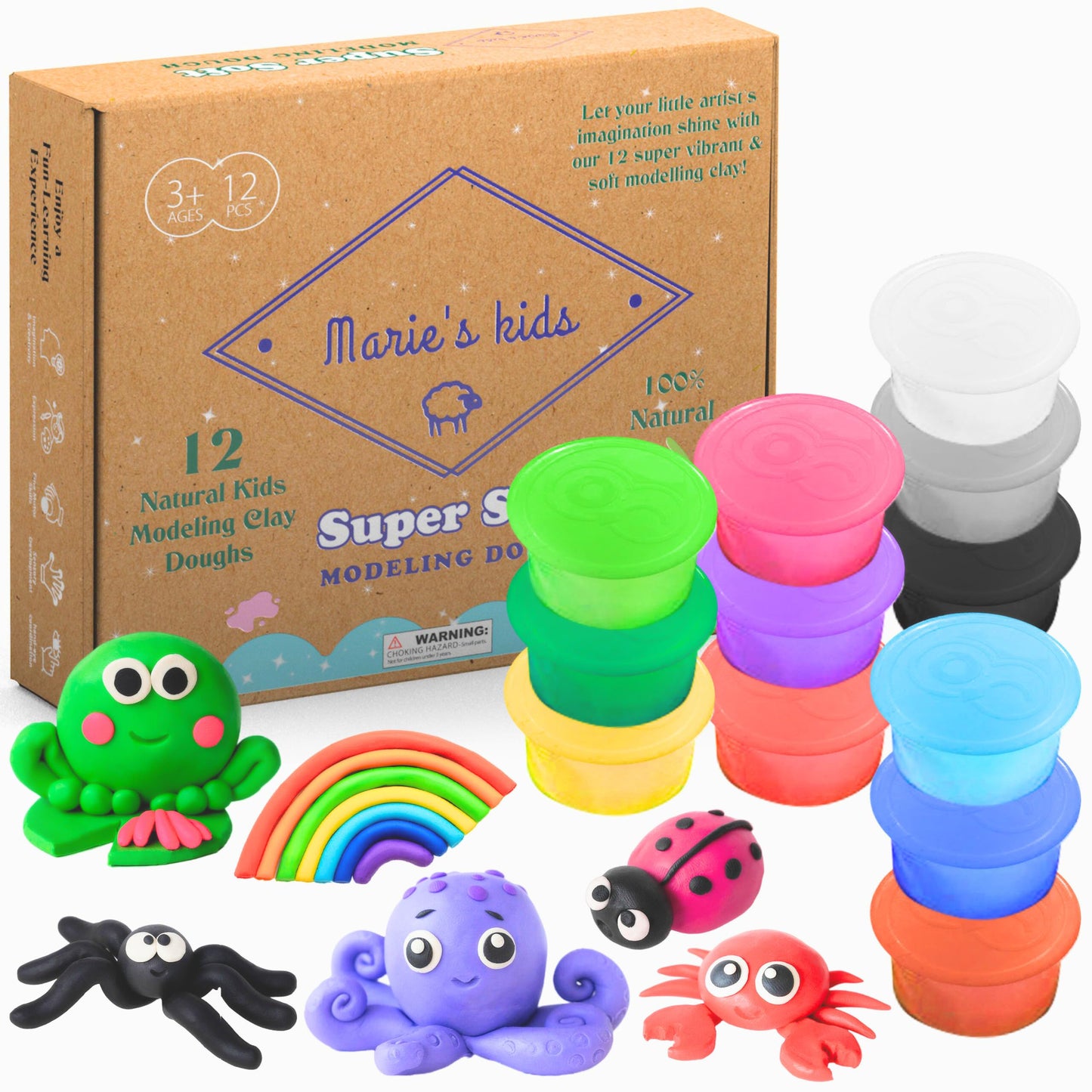Modeling Clay for Kids - 12 Super Soft & 100% Natural Doughs Made from Wheat Flour - 100g Per Can of Reusable & Vibrant Clay Modeling Kit for Ages 3+ by Marie’s Kids