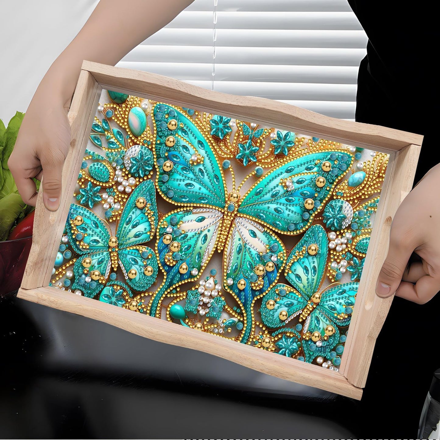 ARTopet DIY Diamond Art Painting Creative Design Handmade Wooden Serving Tray Dinner Plate Partial Diamond Art Breakfast Tray for Coffee Living Room Home Organizer - Green Butterfly