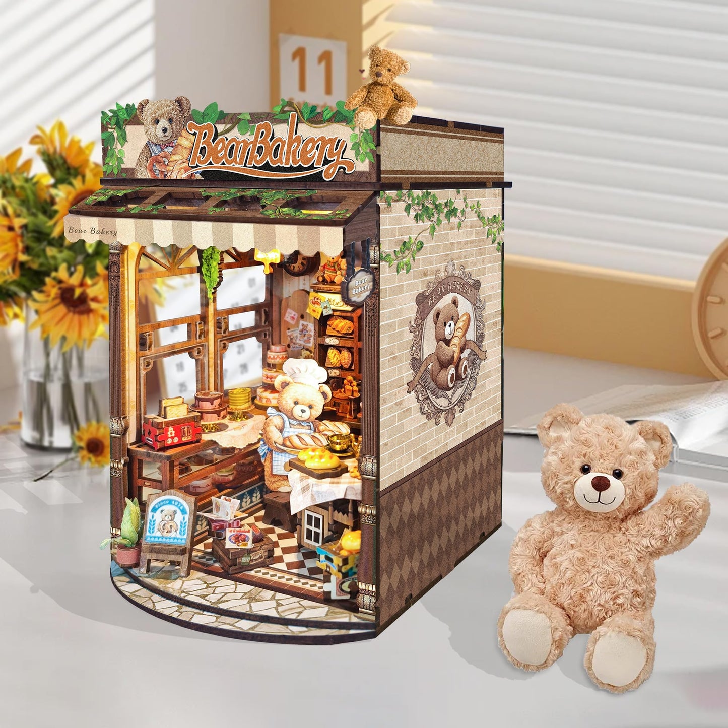 STRUCWOOD DIY Book Nook Kit,Miniature Dollhouse kit Store,3D Puzzle Tiny House Mini Bookend for Bookshelf Decor,Gifts for Adults and Teens- Bear Bakery(SQ-65)