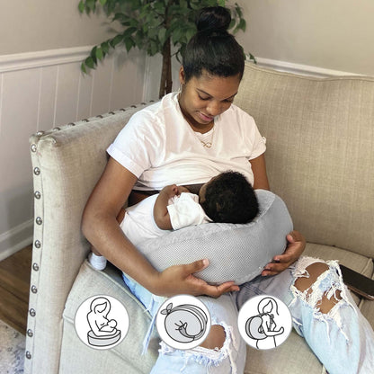 Boppy Anywhere Travel Nursing Pillow, Soft Gray, Plus Sized to Petite with Stretch Belt, Portable Nursing Pillow, Breastfeeding and Bottle-Feeding Support, Machine Washable