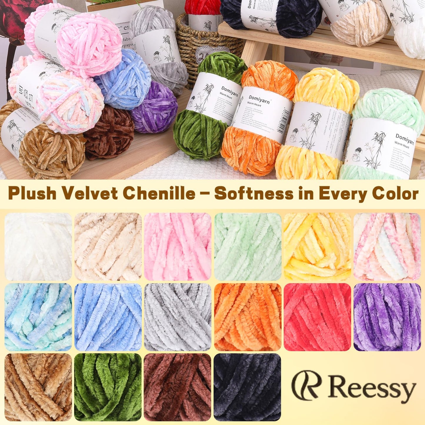 Reessy Velvet Chenille Yarn Pack – 6 Skeins × 100g Super Bulky (CYC #6) – Soft Velvet Chunky for Crocheting & Knitting, Fluffy Chenille Yarn for Blankets, Scarves & Crafts (White)