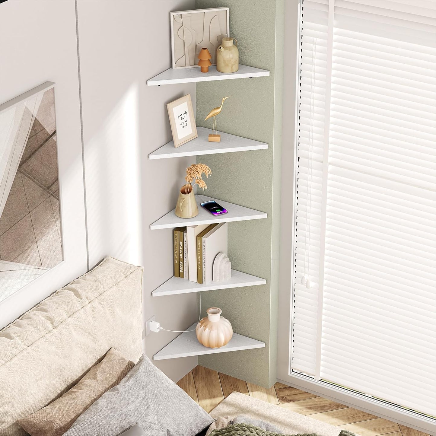 Set 5,Floating Love-KANKEI Corner Shelf Wall Mounted of Shelves for Storage,Rustic Wood Hanging Wall Shelves