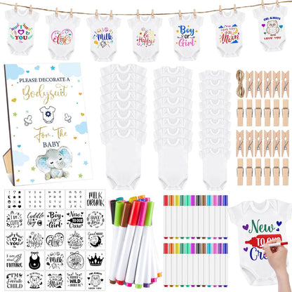 126 Set 25 25 24 1 50 Panitay Pcs Baby Shower DIY Bodysuit Bib Blank White Newborn Bodysuit Stencils Marker Sign