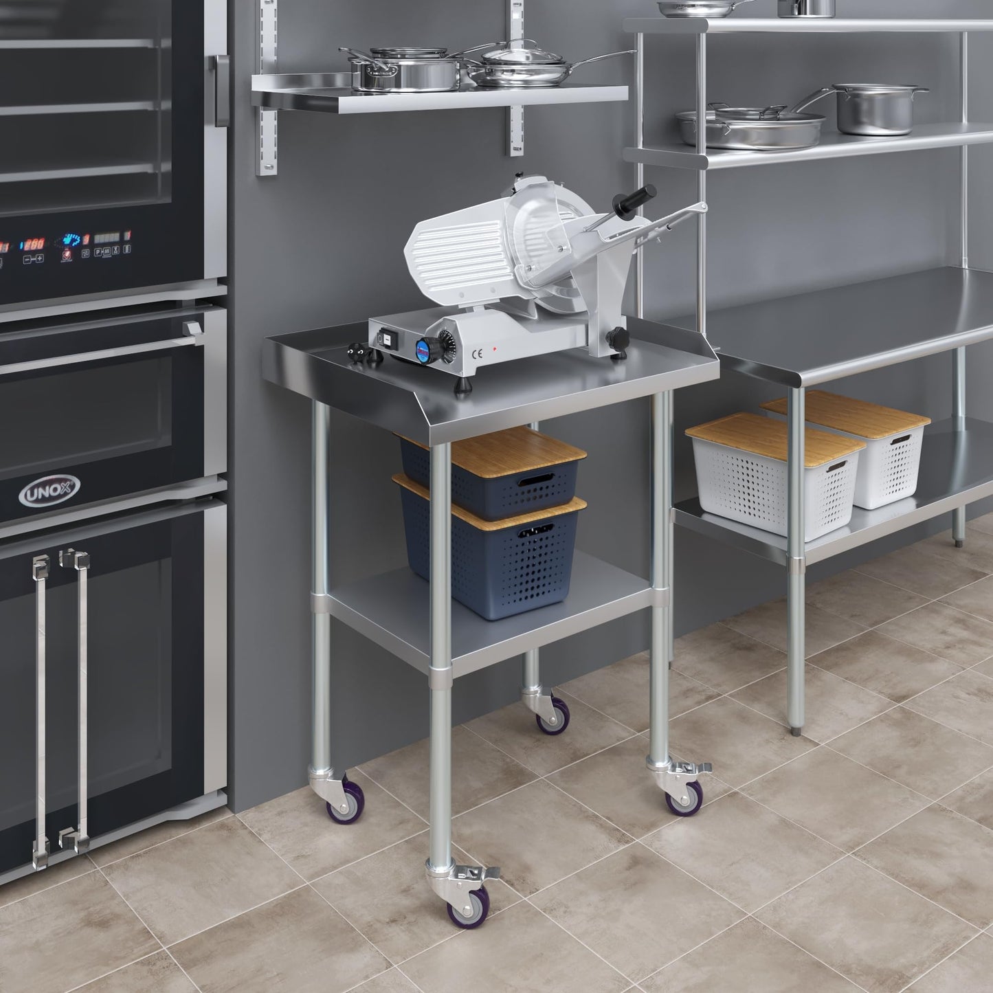 AmGood Commercial Work Table with Backsplash and Sidesplashes with Casters | NSF (Stainless Steel Table with Sideguards + casters, 30" Long x 24" Deep)