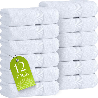 12 Pack 600 100% 12x12 Inches Wealuxe White Washcloths - GSM Ring-Spun Cotton Wash Cloths for Showering, Highly