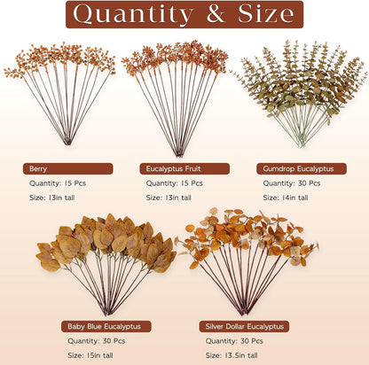 120 5 Pcs Kinds Mixed Artificial Eucalyptus Leaves Stems and Fake Berry Bulk for Fall Decorations,Faux Plants Bundle