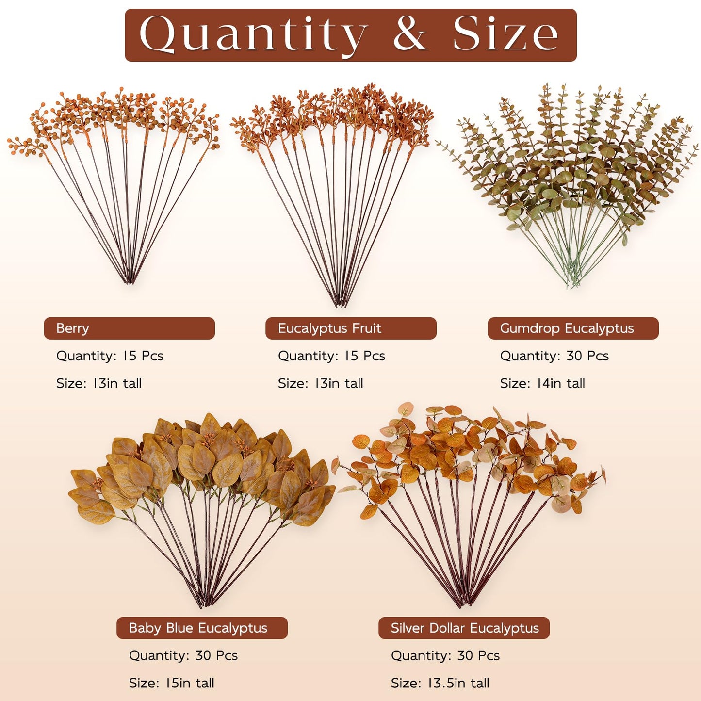 120 Pcs 5 Kinds Mixed Artificial Eucalyptus Leaves Stems and Fake Berry Bulk for Fall Decorations,Faux Plants Bundle for DIY Bouquets Floral Arrangement Wedding Engagement Party Autumn Decor (Orange)