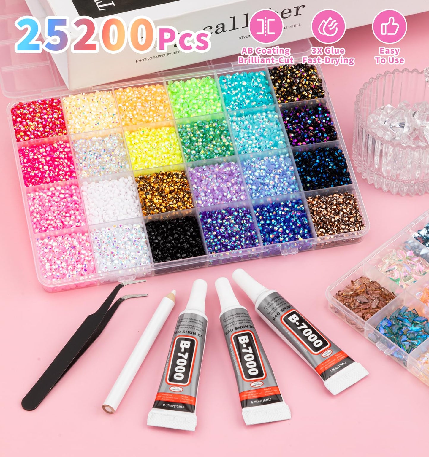 48 Colors Resin Jelly Rhinestones Kit,3mm Resin Jelly Rhinestones and Multi Shape Size Crystal Diamond Art with B7000 Jewelry Glue for Crafting Nail Art DIY Arts Crafts Gifts(25200pcs)