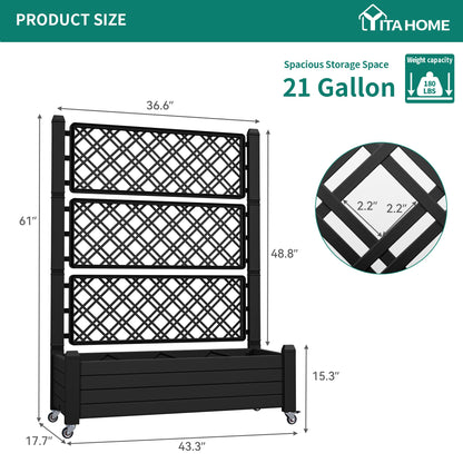 YITAHOME 43.3x17.7x61 in Planter Box with Trellis 2pcs Outdoor Resin Raised Garden Bed with Wheels & Drain Plug for Climbing Plants, Weather-Resistant Outdoor Privacy Screen, Black