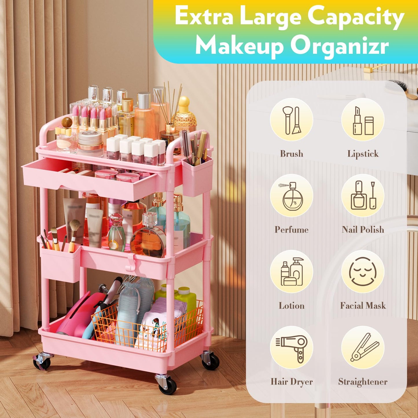 SUNALLY Makeup Cart Organizer with Drawers, Floor Skincare Organizers Vanity Storage Organizer, Rolling Makeup Bathroom Storage Cart Cosmetics Display Cases for Skin Care Perfume Nail Polish, Pink