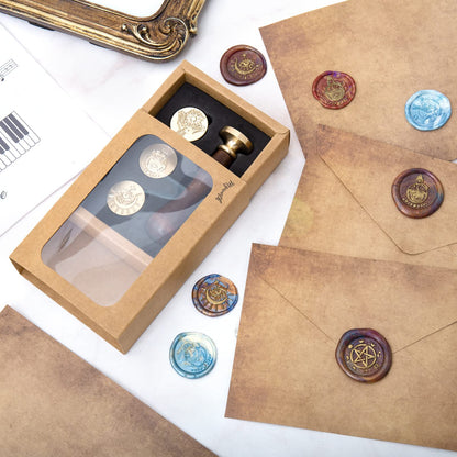 Wiccan Wax Seal Stamp Set, Pagan Pentagram Moon Phases Sealing Stamp Head, Vintage Evil Eye Triple Moon Pentacle and Sun Bottle Pattern Kit with Gift Box for Letter Envelope Witchcraft Invitation Card