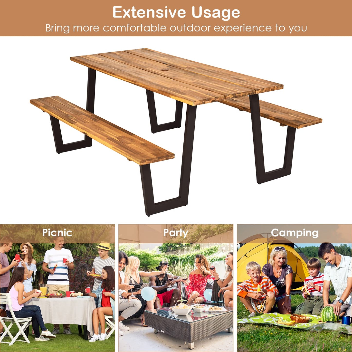 S AFSTAR 70" Outdoor Picnic Table, Heavy Duty Wooden Table and Bench Set with Umbrella Hole, All-Weather Acacia Wood Picnic Tables for 6, Garden, Backyard, Porch, Patio