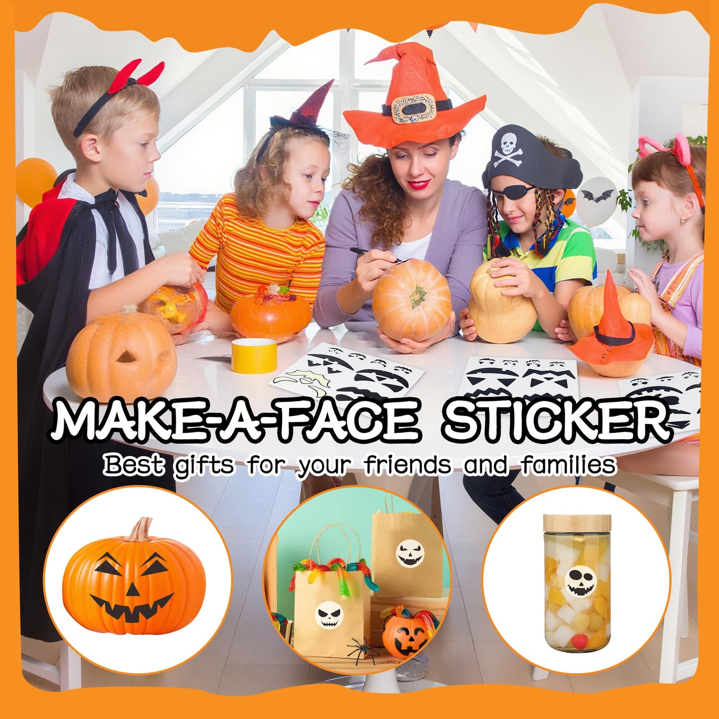 Gustum 80 Designs Pumpkin Stickers for Decorating, Jack-O'-Lantern Face Craft Decals, Pumpkin Carving Stickers Kit, Halloween Decorations Supplies Trick or Treat Party Favors for Kids