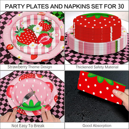 120PCS Strawberry Birthday Decorations, 7 and 9 Inch Strawberry Paper Plates, Cups, and Napkins Tableware Set for Summer Baby Shower Sweet Berry First Birthday Decorations Party Supplies, Serve 30