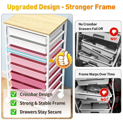 SUNALLY Rolling Storage Utility Cart with 8 Drawers, Storage Drawer Cart with Wooden Tabletop and 2 Lockable Wheels, 8 Tier Rolling Cart for Craft Art Supply Storage & Home Office Organization, Pink