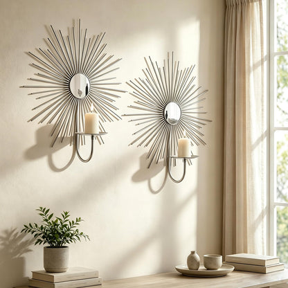Sxnzequnze 2 Set Candle Sconces Wall Decor for Living Room Metal Sunburst Mirrored Modern Gold Wall-Mounted Candle Holder Sconces Hanging Mounted Fireplace Farmhouse Wedding