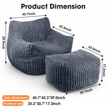 HarborHue Giant Bean Bag Chair with Ottoman, Oversized Memory Foam Bean Bag Sofa for Adults and Kids, Large Comfy Fluffy Single Lounges Mini Couch for Living Room, Bedroom & Dorm(Gray)