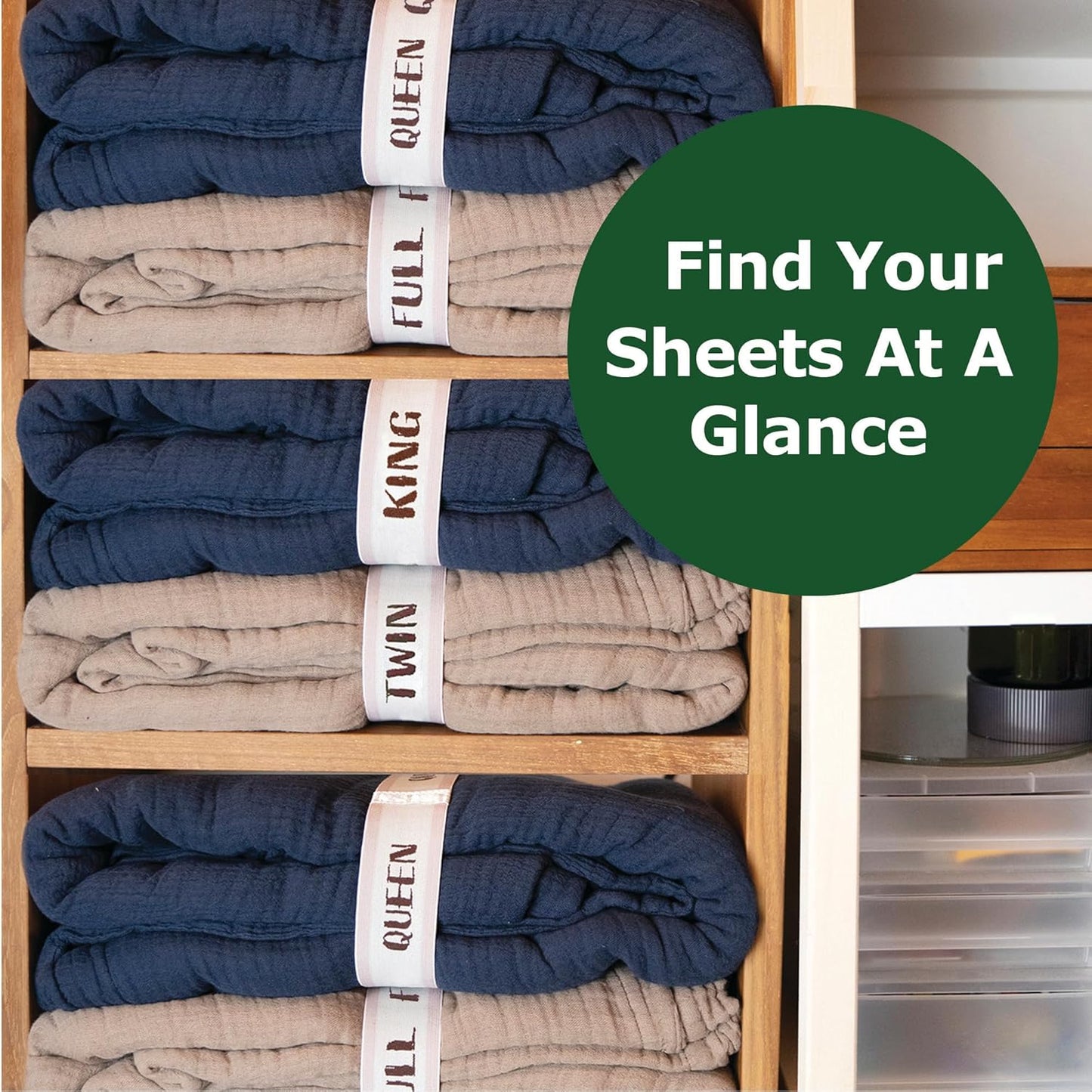 ECOHomes Bed Sheet Organizer and Storage - Cream Elastic Bedding Band Labels for Linen Closet (Queen 4PCs Pack)