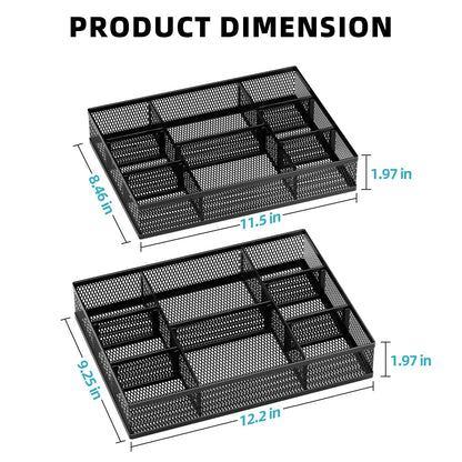 Marbrasse 2 Pack Desk Drawer Organizer, Mesh Drawer Organizer Tray with 8 Adjustable Compartments, Desk Organizers and Accessories, 5 Dividers Drawer for Office Supplies, Makeup & Vanity (Black)