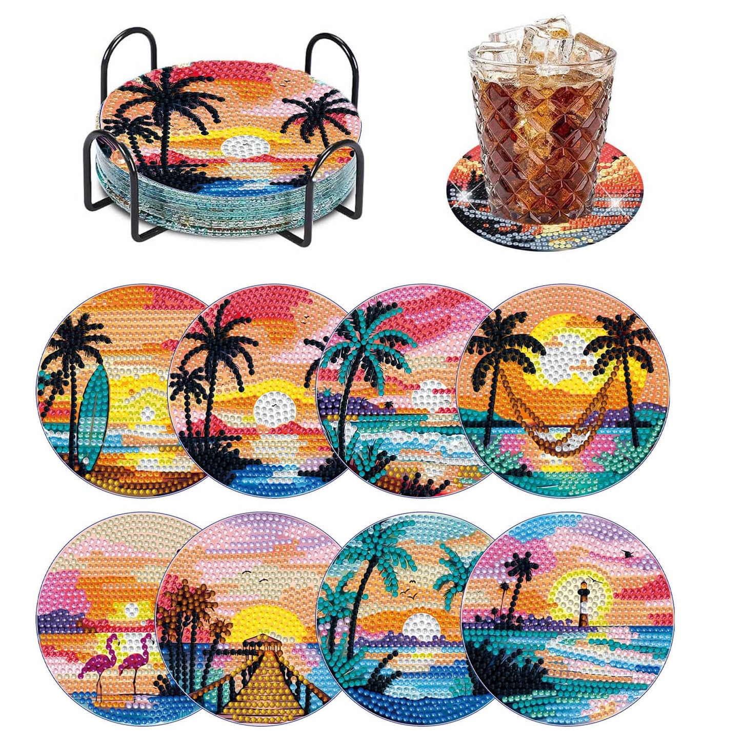 8 PCS Beach Moon Diamond Art Coasters Kits, Diamond Painting Coasters with Holder Set of 8, DIY Drink Coasters Art Crafts Supplies for Adults Cup Mat for Home Decor House Warming Gifts 3.9inch
