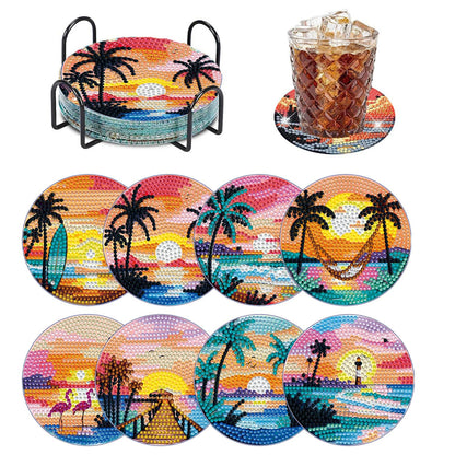 8 PCS Beach Moon Diamond Art Coasters Kits, Diamond Painting Coasters with Holder Set of 8, DIY Drink Coasters Art Crafts Supplies for Adults Cup Mat for Home Decor House Warming Gifts 3.9inch