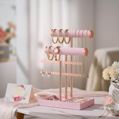 bussdis 3 Tier Bracelet Holder Display - Detachable T Bar Pink Velvet Bracelet Holder, Jewelry Holder Organizer for Bracelet, Necklace, Earrings, Rings