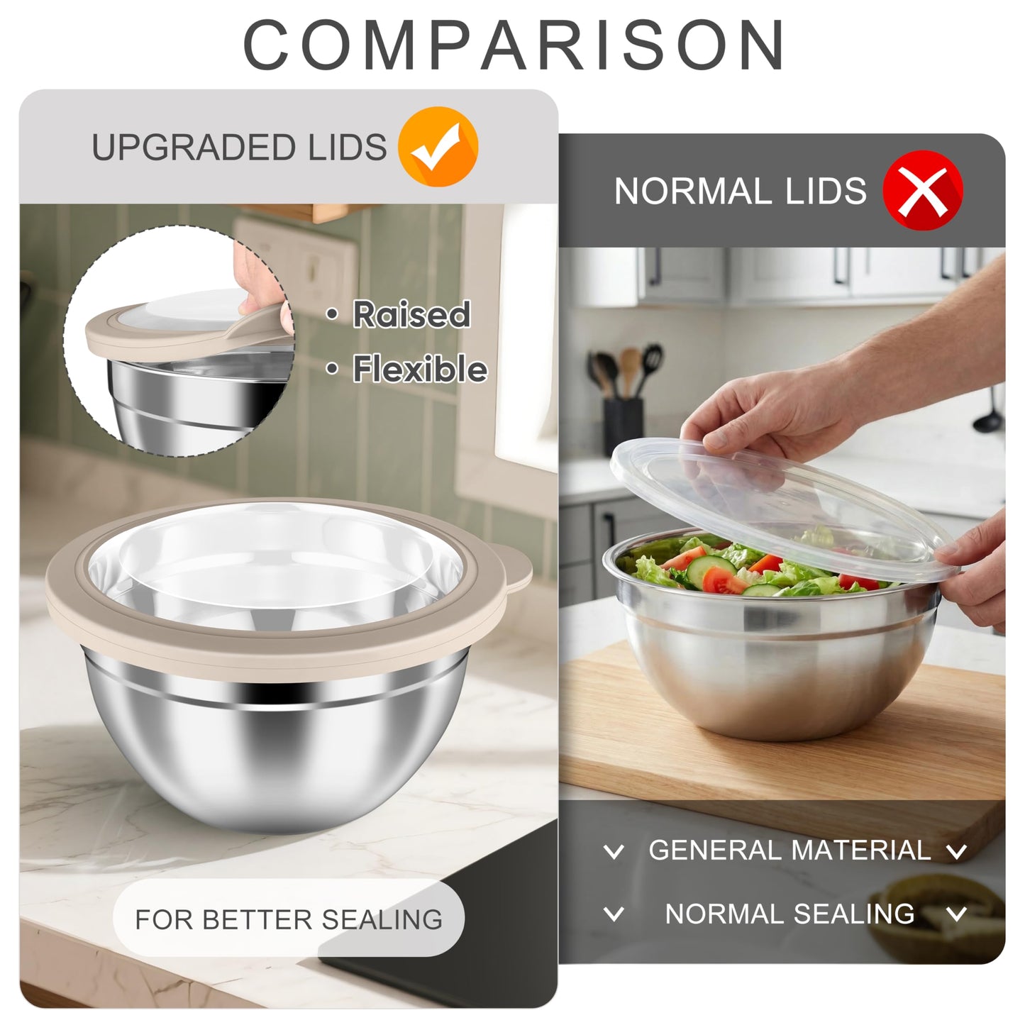 HaWare Mixing Bowls with Airtight Clear Lids, 6-Piece Stainless Steel Strong Nesting Bowls Set, Metal Salad Bowl for Cooking, Prepping, Baking, Serving & Food Storage, Size 4.6, 3, 1.5QT, Khaki