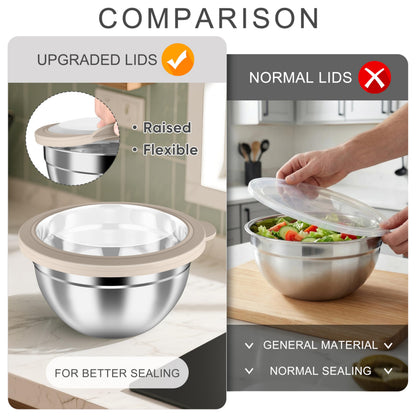 HaWare Mixing Bowls with Airtight Clear Lids, 6-Piece Stainless Steel Strong Nesting Bowls Set, Metal Salad Bowl for Cooking, Prepping, Baking, Serving & Food Storage, Size 4.6, 3, 1.5QT, Khaki